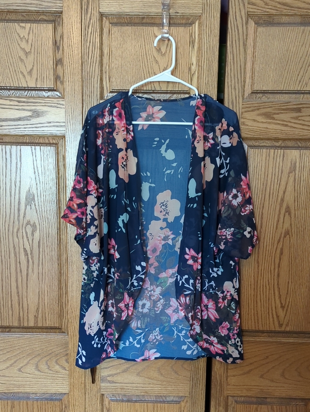 Amazon Navy Floral Sheer Kimono Jacket with Pink and Cream Flowers
